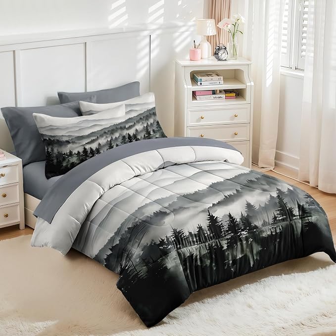 Nesker Comforter Set King Size, Ink Forest 7 Pcs Bedding for Kids and Adults, Misty Mountains Bed Sheet Sets with Fitted Sheet 2 Pillowcases & 2 Shams