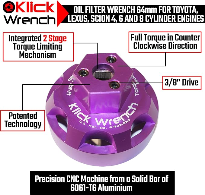 64mm 2 Stage Heavy Duty Torque Limiting Oil Filter Wrench Purple 6061-T6 Billet Aluminum