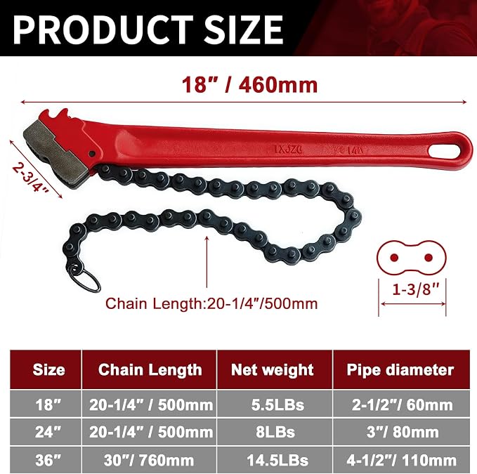 Chain Pipe Wrench 18" for 2" ~ 5" pipe diameter, chain length 19.8". Heavy-duty chain pipeline tool for pipeline installation, oilfield pipeline operations and maintenance