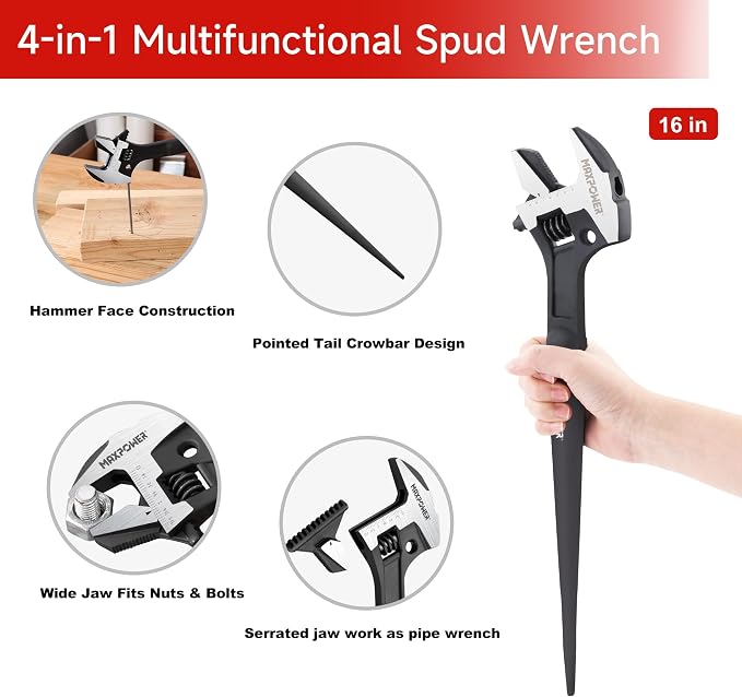 MAXPOWER 16" 4-in-1 & 10" Construction Spud Wrench Set, Tether Hole, Cr-V | 16" Multi-Purpose Design ( Striking, Gripping, Aligning & Prying ), Tether-Ready Design, Smooth Jaw Adjustment, Easy Storage
