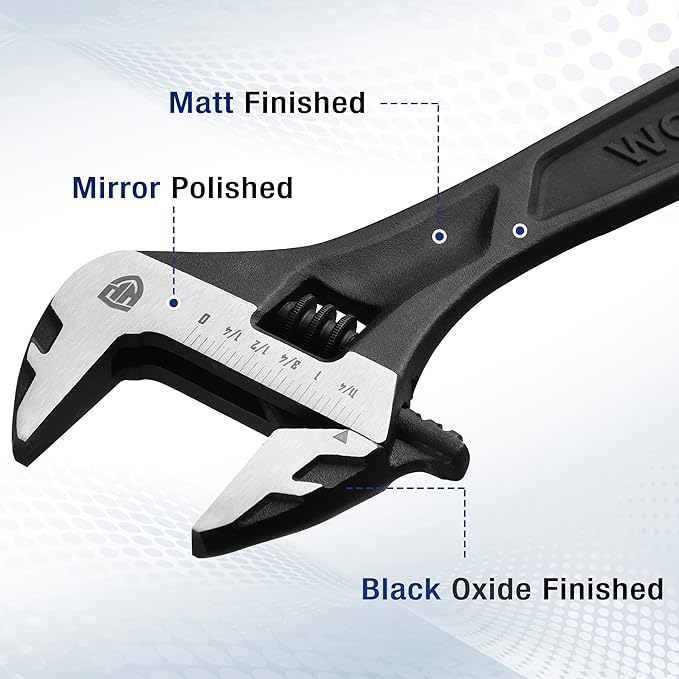 WORKPRO 4-piece Adjustable Wrench Set, 6-inch, 8-inch, 10-inch, 12-inch, Cr-V Steel, Corrosion-Resistant Black Oxide Finish for Automotive Plumbing and Household Repairs
