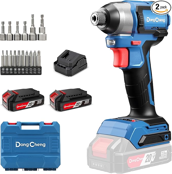 Dong Cheng 20V 1/4" Brushless Impact Driver, 1460 in-lbs Cordless Impact Driver, 2x 2.0Ah Batteries, 3-Speed, 4.9" Compact Impact Driver for Cabinetry, Deck Building & HVAC Installation
