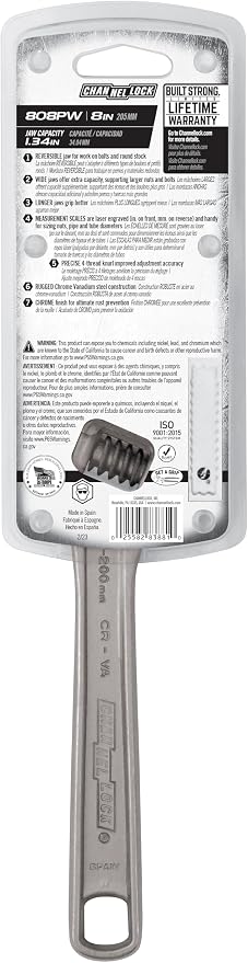 Channellock Adjustable Wrench 808PW - Reversible Jaw, Straight, Polished Finish - 8 In