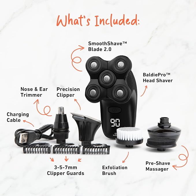 Groomie Cordless Bald Head Shavers for Men, BaldiePro Head Grooming Kit - Ergonomic & Waterproof Head Shavers for Bald Men - Electric Hair Shaver & Head Razor - Men's Rotary Shaver for Smooth Shave