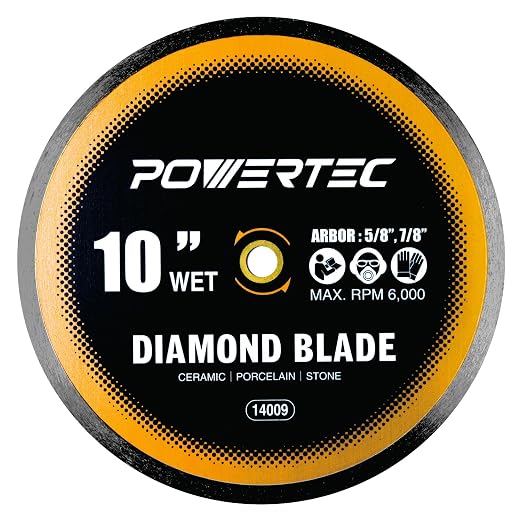 POWERTEC 10" Continuous Rim Diamond Saw Blade for Wet Tile Saw, Diamond Blade for Cutting Ceramic, Porcelain, Natural Stone Tile, Wet Cutting Only 10 inch Diamond Blades, 1 Pack (14009)
