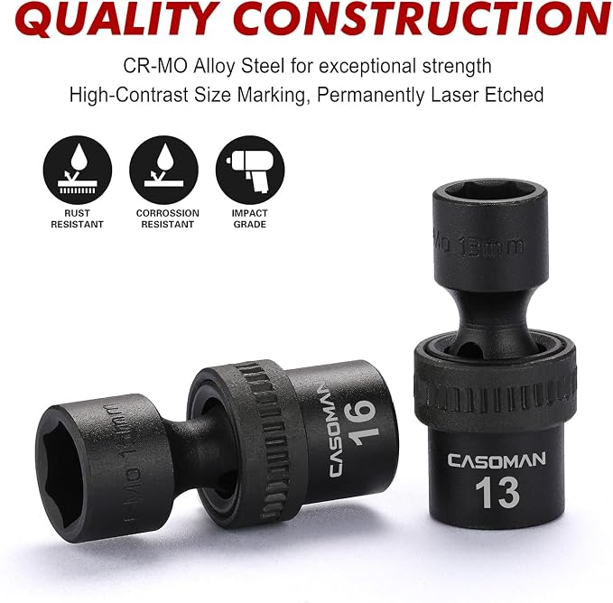 CASOMAN 10 PCS 3/8" Drive Standard Universal Impact Socket Set, 6 Point, CR-MO, Metric,10-19mm