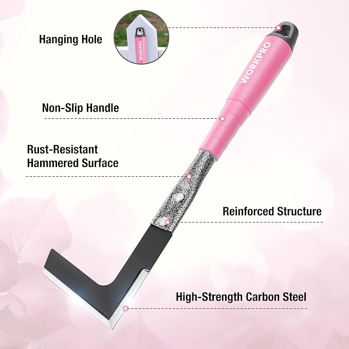 WORKPRO 6-Piece Pink Garden Tool Set, Heavy Duty Gardening Hand Tools with Soft Rubber Handle, Including Trowel, Rakes, 2-in-1 Hoe and Crack Weeder, Ideal Gardening Gifts for Men and Women