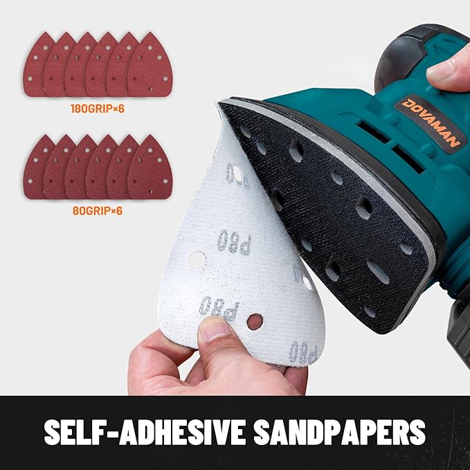DOVAMAN 130W Detail Sander, 12000RPM Palm Sander Tool, Dust Collection System, 12PCS Sandpaper, Compact Hand Tool for Wood Steel Surfaces