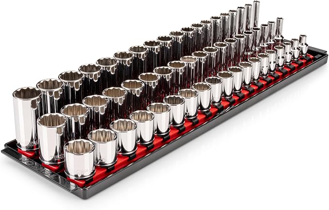 TEKTON 3/8 Inch Drive 12-Point Socket Set, 57-Piece | SHD91126 | (6 - 24 mm), Shallow, Semi-Deep, and Deep, Socket Rail