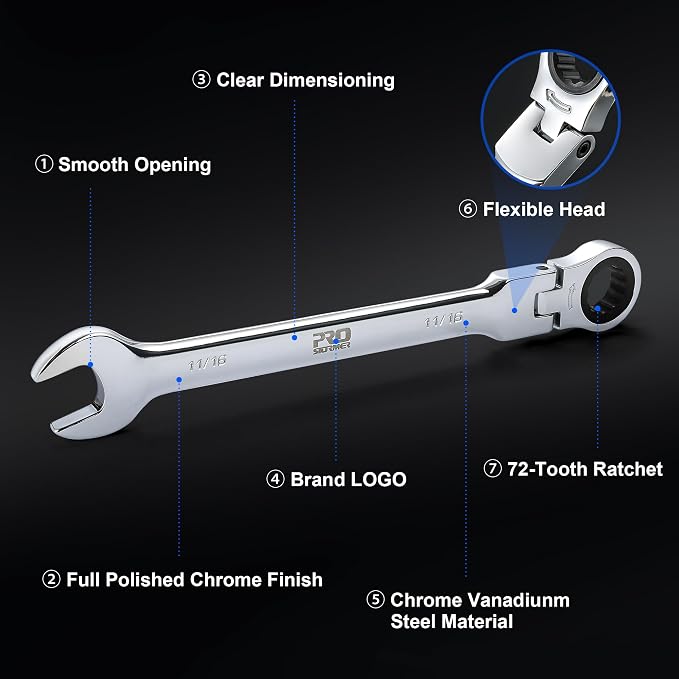 Prostormer 14-Piece SAE Flex-Head Ratcheting Wrench Set | 1/4" to 1", 72-Tooth Ratchet Gear, Cr-V Steel Constructed, Portable Tool Box Included