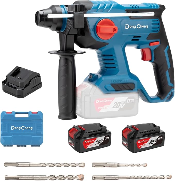 DongCheng 20V Max Brushless Rotary Hammer Drill, 7/8" SDS-Plus, 2.1 J Impact, 4 Modes, 4,500 BPM, Cordless with 2x4.0Ah Battery, Fast Charger, 4 Bits, Case for Concrete Drilling & Demolition