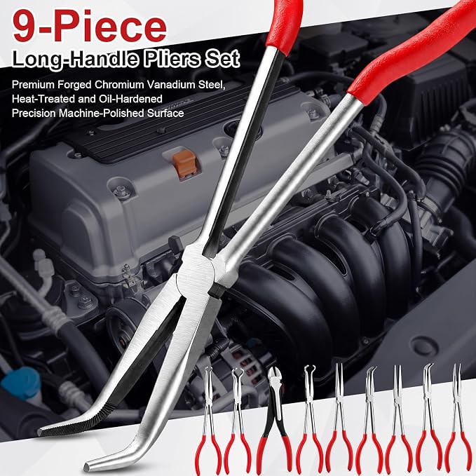 9 Piece 11 Inch Long Reach Pliers Set 45° 90° Bent, Circle, Diagonal Carbon Steel Needle Nose Pliers for Narrow Spaces and Limited Areas (Red)
