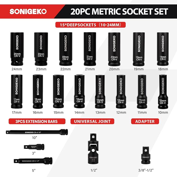 20-Piece 1/2" Drive Impact Socket Set, Metric(10mm-24mm） | Deep CR-V Steel Sockets with Extension Bars, Universal Joint and Adapter