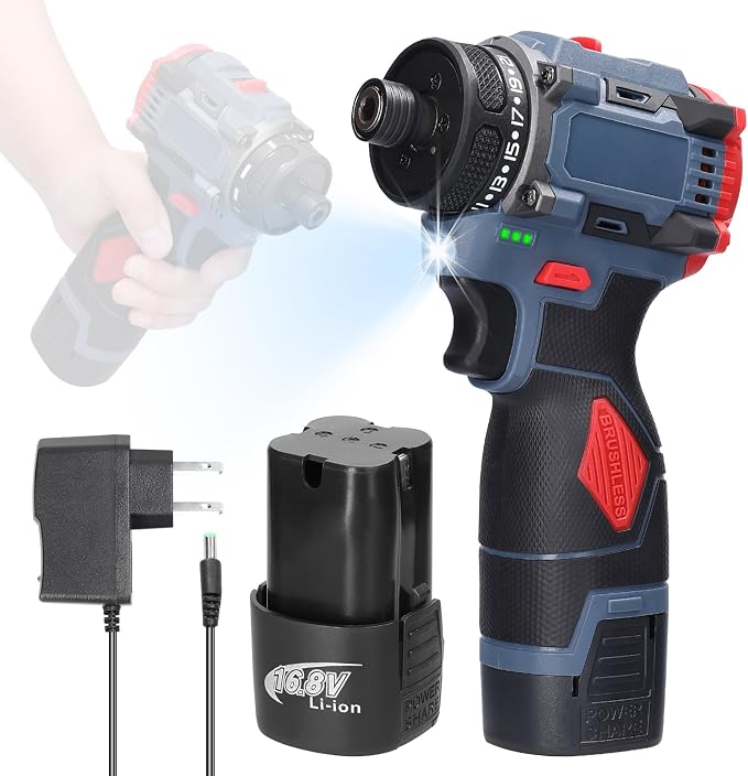 Dioche Electric Screwdriver 16.8V Multi Function Brushless Cordless Impact Screwdriver (2pcs Batteries US Plug)