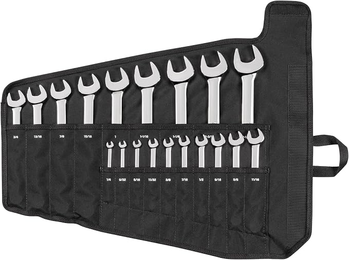 TEKTON Combination Wrench Set, 19-Piece | WCB94103 | (1/4 - 1-1/4 in.), Wrench Roll, Chrome Finish