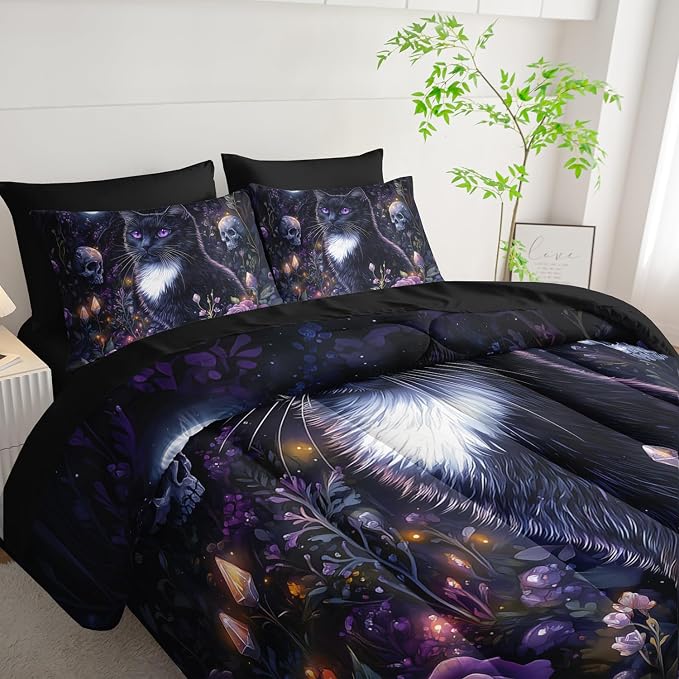 Cute Cat Comforter Set for Kids Toddlers Teens Adults,Floral Plant Skull Printed King Size Bedding Set 7 Pieces,Animal Themed Bedding with Comforter,Fitted Sheet,Flat Sheet,Pillowcases.