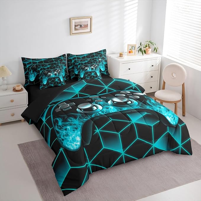 Gaming Consoles Bed in a Bag Queen Comforter Set 7 Piece,Neon Geometric Video Game Gaming Bedding Set,3D Geometric Gamer Sheet Set Teal Flame Bed Set,Gamer Room Decor for Boys Bedroom