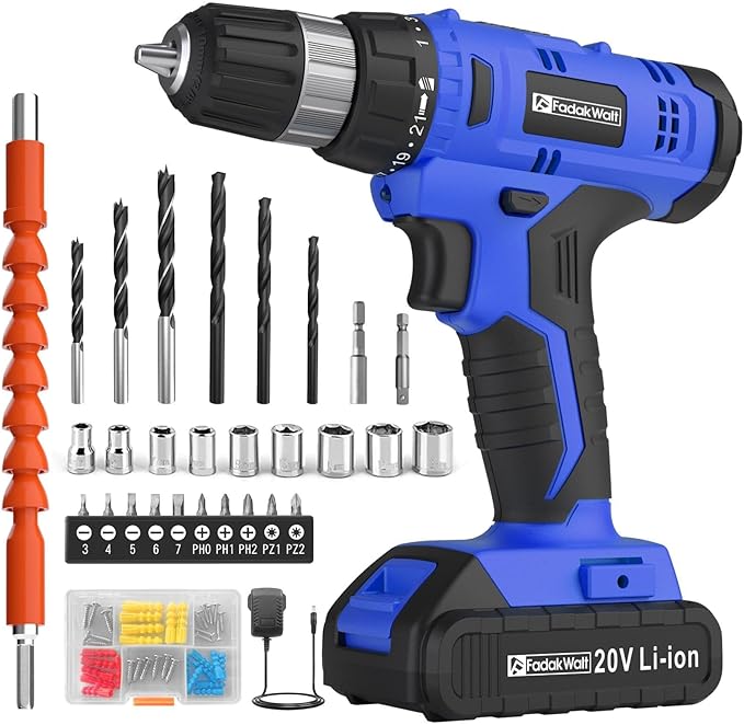 FADAKWALT 20V Electric Drill Set with Battery and Charger, 30N Torque, 21+1 Settings, 3/8-Inch Keyless Chuck, LED Electric Drill Set (Blue)