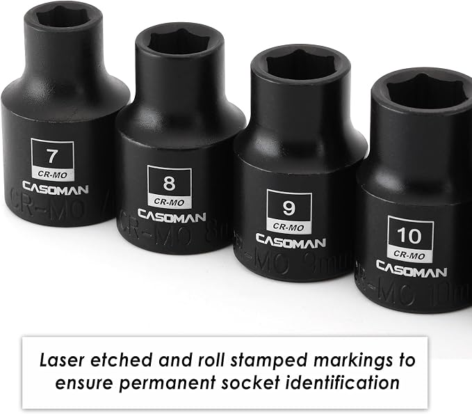 CASOMAN 13PCS 3/8"Drive Magnetic Socket Set, Shallow, 6-Point, Metric, 7mm to 19mm, CR-MO