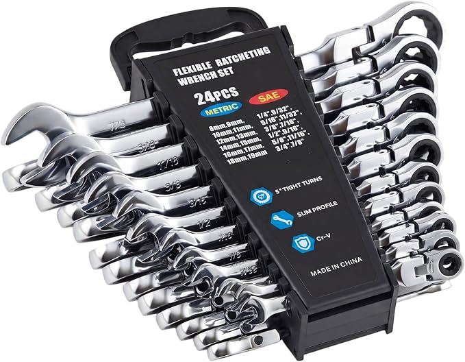 Garvee 24 Piece Ratcheting Combination SAE & Metric Wrench Set | Metric 8-19mm & SAE 1/4"-7/8" Arc CR-V Steel 72-Tooth 5° Swing | for Automotive Repair Home Maintenance