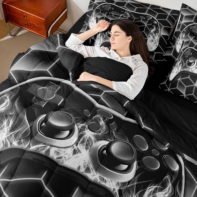 Game Consoles Bed in a Bag King Size Comforter Set 7 Pieces,Neon Geometric Gamepad Bedding Set,3D Geometric Gamer Sheet Set Grey Flame Bed Set,Gaming Decor for Boys Bedroom Decor Gamer Gifts