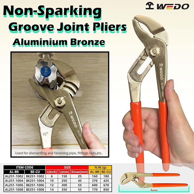 WEDO 10"Groove Joint Pliers,Tongue-and-Groove Pliers,Aluminum Bronze,Length 250mm,Max jaw opening 45mm,DIN Standard, BAM & FM Certificate