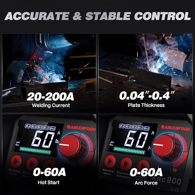 ARCCAPTAIN Stick Welder, [Large LED Display] 200A ARC/Lift TIG Welding Machine with Synergic Control, IGBT Inverter 110V/220V Portable MMA Welder Machine with Hot Start, Arc force and Anti-Stick