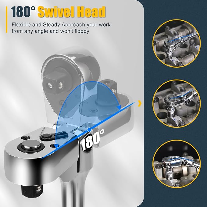 YIYEIE 1/4" Drive Flex Head Ratchet, 72 Tooth Swivel Ratchet, Quick-Release, Full-Polished Chrome Plating, for Auto Mechanic & DIYer with EVA Foam | 7 Inch Long