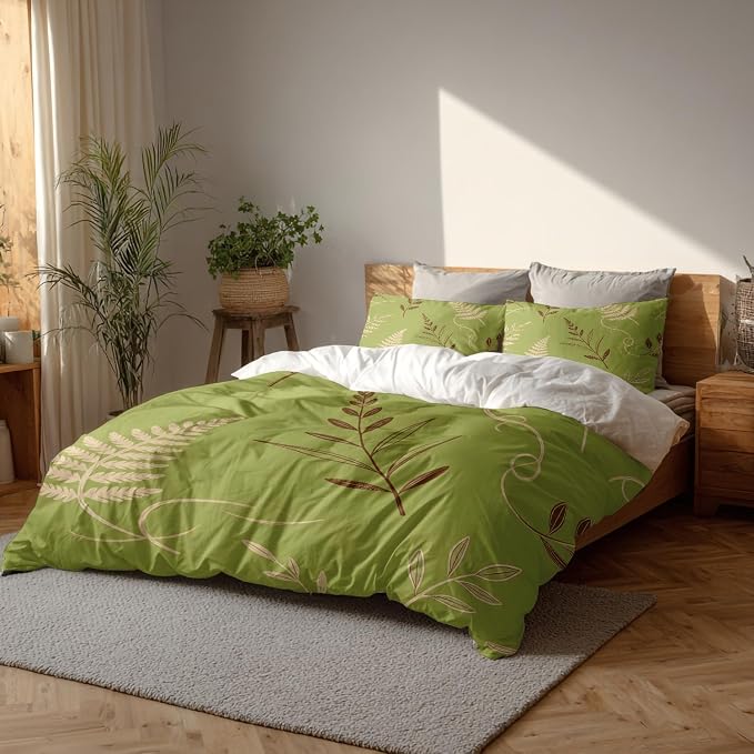 Batmerry Green Brown Branch Leaves King Size 100% Cotton Duvet Cover Sets, Minimalist Plant Illustration Bedding Set with Zipper Closure Corner Ties, 3 Pieces (1 Cover + 2 Pillowcases No Comforter)