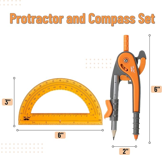 Mr. Pen- Geometry Compass and Protractor Set, 6 Inch Compass, 6 Inch Protractor, Drawing Tool for School, Clear Plastic, Easy Grip, Precision Design for Math, Art, Drafting, Architecture