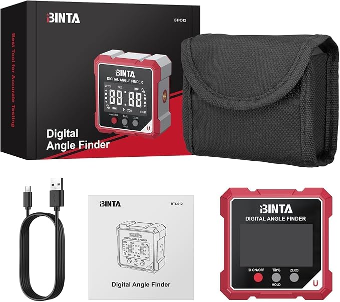 BINTA Digital Angle Finder with Laser, 4-side Magnetic Digital Angle Gauge, USB-C Rechargeable IP54 Waterproof Inclinometer, Table Saw Miter Protractor Laser Level for Woodworking Construction DIY
