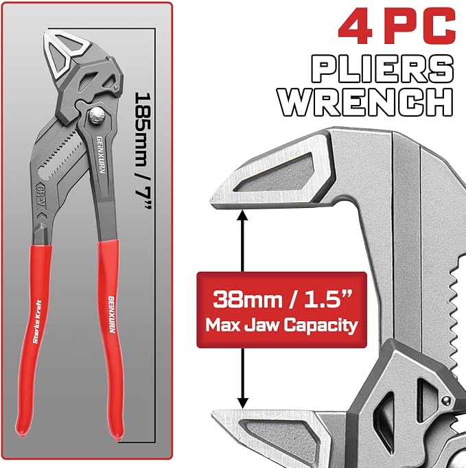 GEINXURN 7-Inch Pliers Wrench, 4PCS Smooth V-Jaw Pliers with 15-Position Push-Lock, Fast Adjustable Slip Joint Pliers Set for Plumbing, Home Repair, and Pipe Fittings