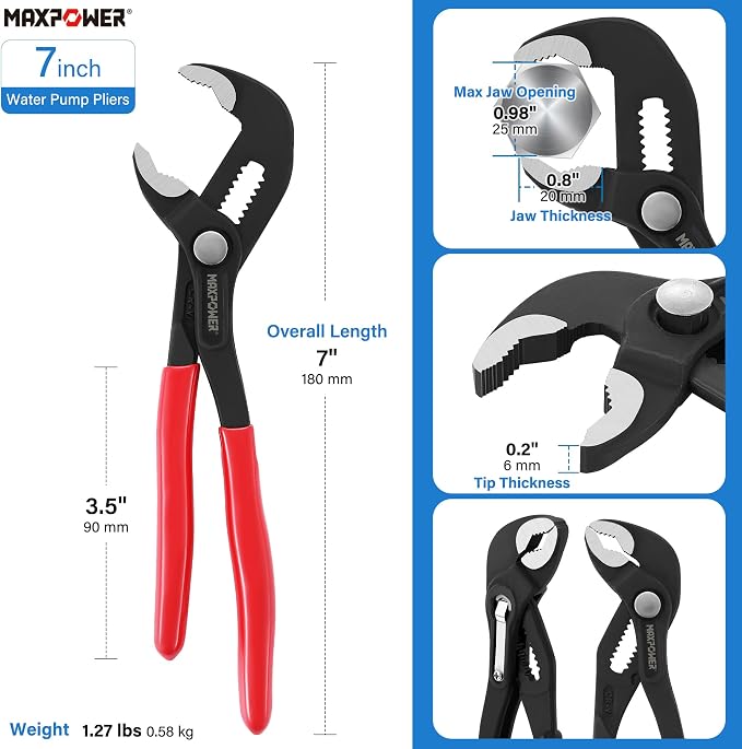 MAXPOWER 7 inch Water Pump Pliers, with 0.98 inch Jaw Capacity Opening Push Button Adjustable Pliers