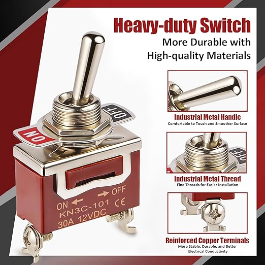 3-Pack Toggle Switch, Covxyorg 12V 30A HeavyDuty ON/Off 2Pin SPST Waterproof Toggle Switch with Waterproof Cap and Terminals for Automotive Boat Truck