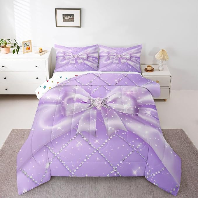 Feelyou Purple Bow Kids Comforter Set King Size Geometry Bowknot Bedding Set Glitter Duvet Quilt for Kids Boys Girls Bedroom Decor Microfiber Ultra Soft Breathable