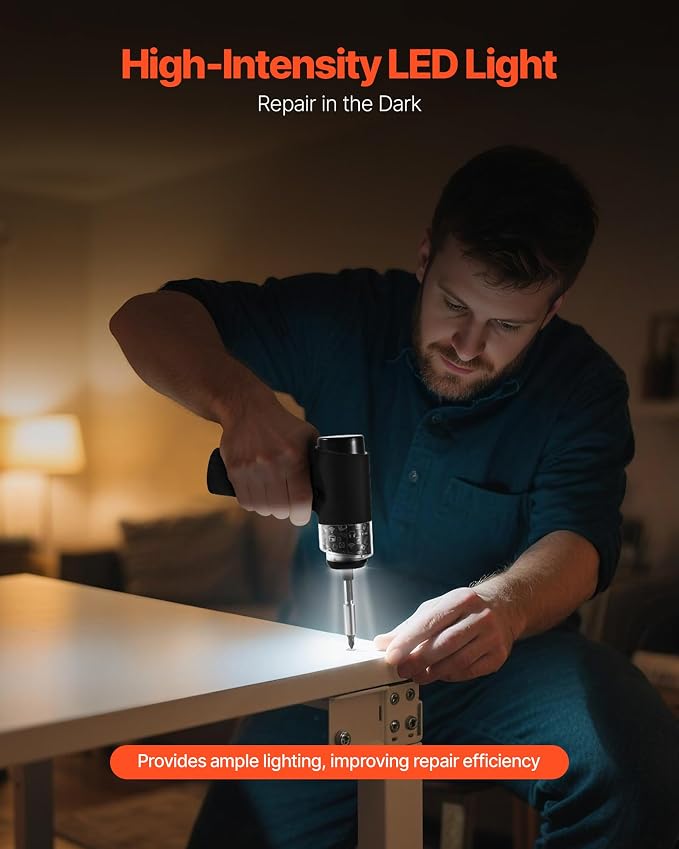 VEVOR 4V Electric Screwdriver, Cordless Screwdriver Set, 7 Torque Settings, 0.5 to 5N.m, 32 PCS 1/4 in Bits, Digital Display, LED Light, Type-C Charging, Ideal Tool for Furniture & Gaming PC