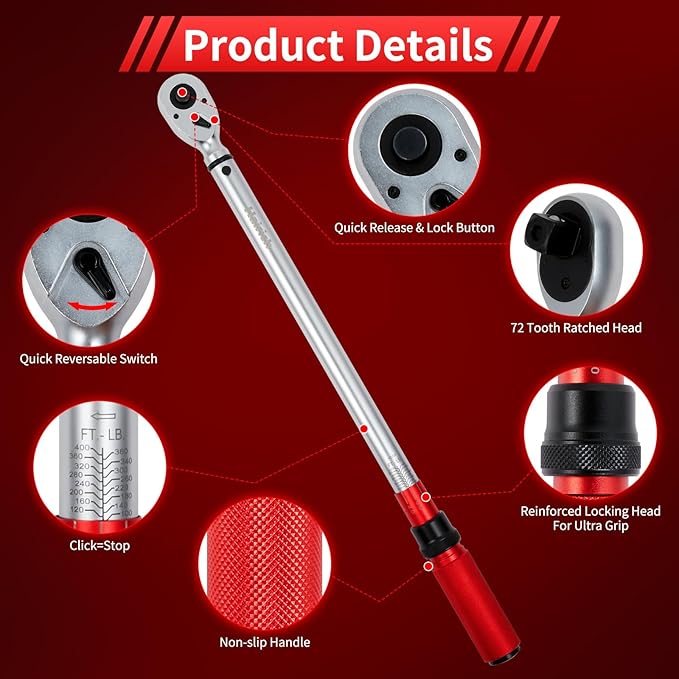 Hairich 3/4-Inch Torque Wrench, Dual-Direction Adjustable 60 tooth 100-400ft.lb/136-542Nm, Professional Torque Wrench, for Maintenance Tool and Product Assembly