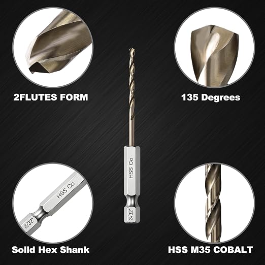 3/32 Drill Bit for Metal(10Pcs),M35 Cobalt Hex Shank Quick Change Twist Impact Drill Bit Set,with Storage Case
