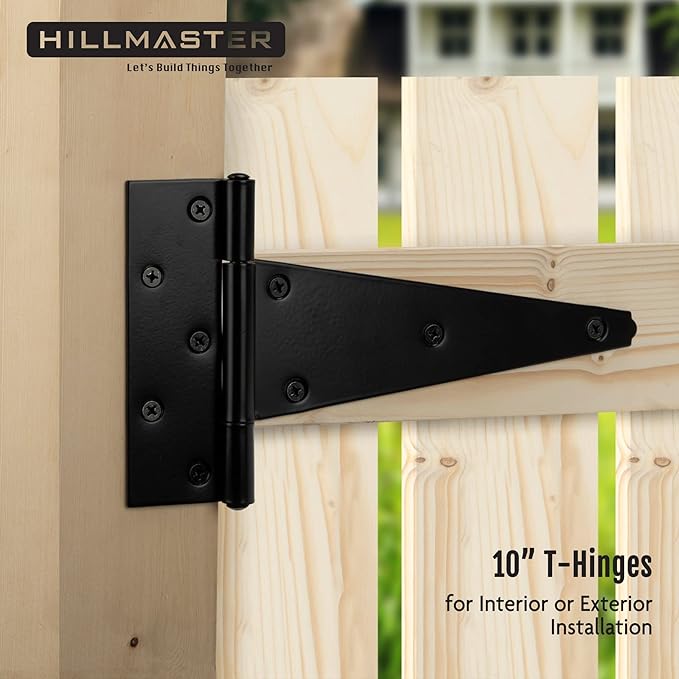 HILLMASTER 10 Inch T-Strap Heavy Duty Shed Door Hinges Gate Strap Hinges Black Tee Hinge Wrought Hardware for Wooden Fences,Yard,Barn Door,Rustproof (4 Pack)