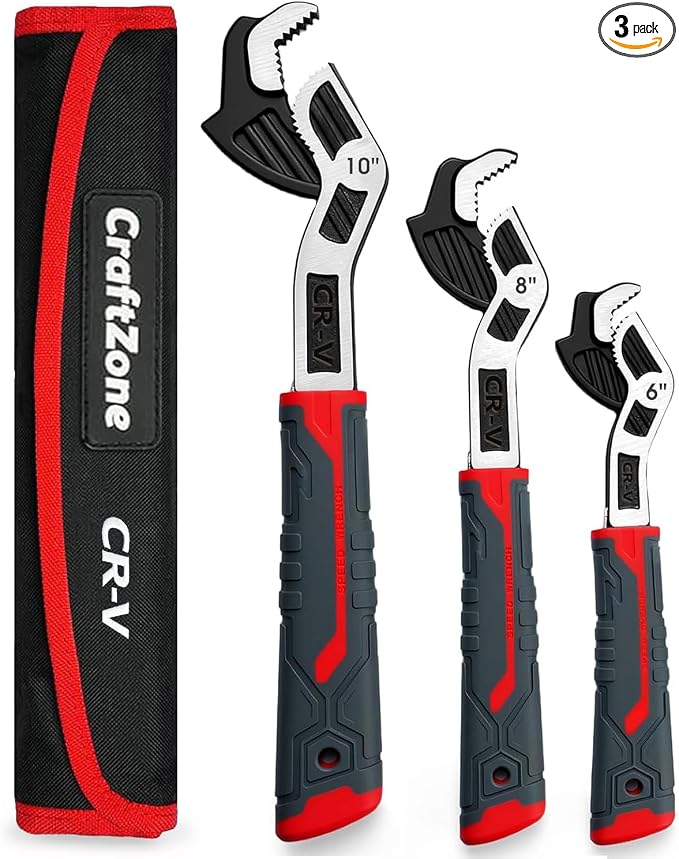 Self Adjusting Pipe Wrench, 6”8”10” Self Locking Wrench Set with Forged Double Threaded Jaws for Pipes Nuts Bolts and Plumbing Repair