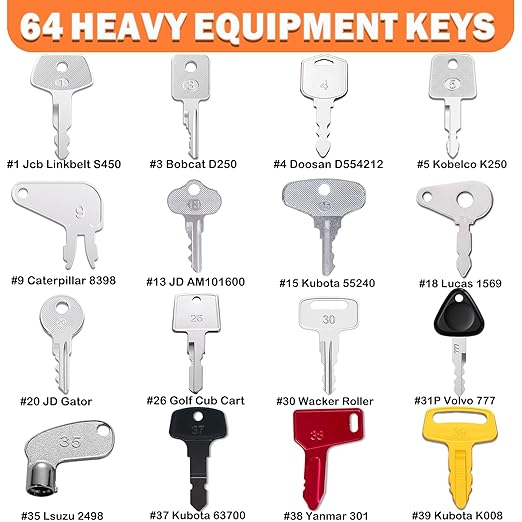 64 Heavy Equipment Keys, Master Equipment Key Set for Cat Caterpillar John Deere Komatsu Volvo Bobcat Kubota JCB Case New Holland Hitachi Hyster Yanmar Takeuchi Contractor Machinery