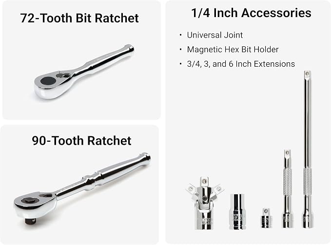 TEKTON 1/4 Inch Drive 12-Point Small Engine Shallow Socket, Bit, and Quick Release Ratchet Set with Case (50-Piece) | SKT07906 | (5/32 - 9/16 in., 4 - 15 mm, Phillips #1 - 3, Slotted 3/16 - 5/16 in., T7 - T30), Shallow, Zipper Case, Custom Foam
