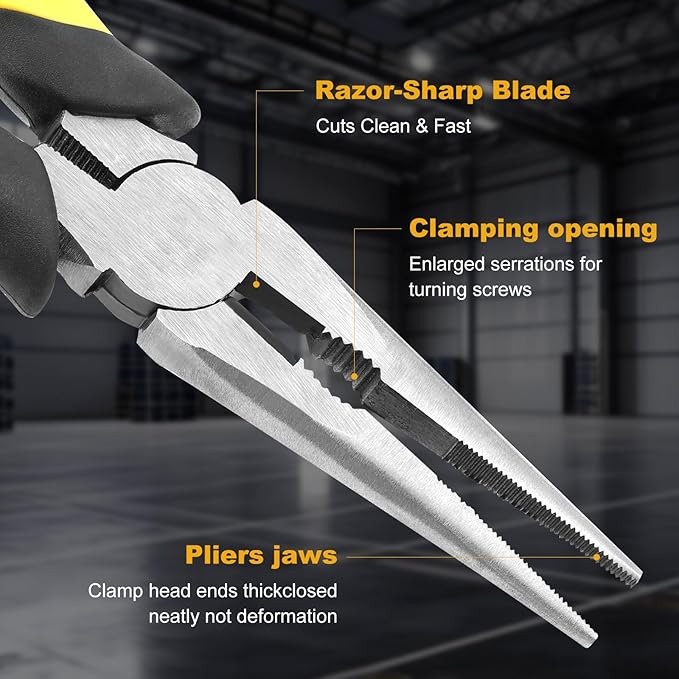 Premium 8-Inch Needle Nose Pliers, Heavy-Duty Steel Long Nose Cutting Pliers with Wire Cutter, Paper Clamp Precision, Anti-Slip Comfort Grip for Home, Fishing, Jewelry and Crafts