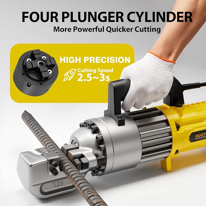 HUTOUO 1" Electric Hydraulic Rebar Cutter, Portable Rebar Cutter, Fast Cutting #8 4-25mm Rebar within 2-3s Cutting Speed, 1600W High Power Steel Rebar Cutter for Construction 120v/60hz (RC25-Yellow)