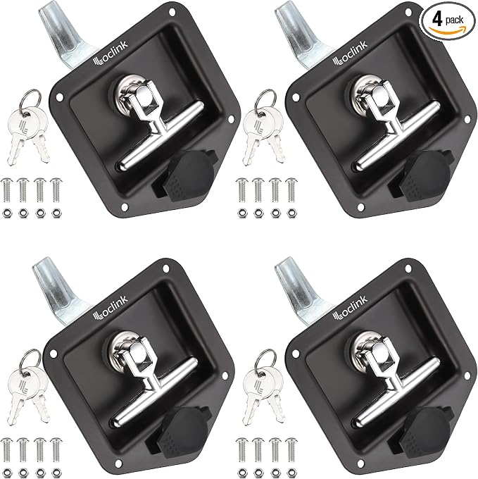Black T-Handle Truck Tool Box Latch Replacement kit, 4PCS Folding Lock with Keys Truck Box Trailer Door RV Camper Storage Box, 4.9" L x 4.8" W, 4 Pack