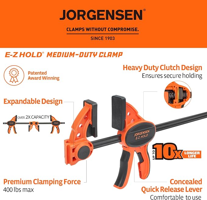 Jorgensen 36" E-Z Hold Medium-Duty Bar Clamps, 400 lbs Load Limit, 2-Pack