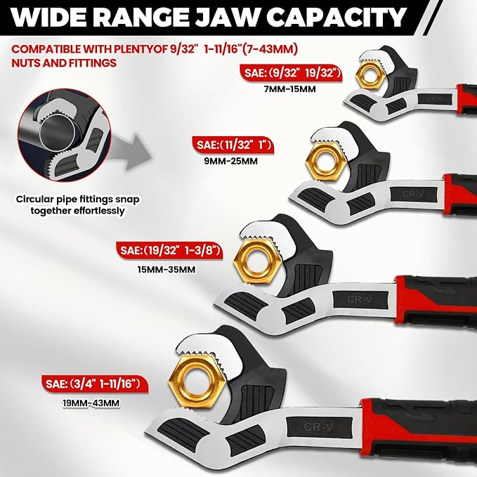 4 Pack Self Adjusting Pipe Wrench Set, 6" 8" 10" 12" Plumbers Wrench | Complete 4-Pack Kit: Covers 9/32" To 1-11/16" (7-43mm) Sizes for Standard, Square, And Irregular Nuts or Pipe Fittings.