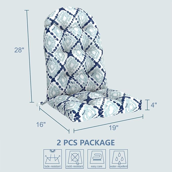 LVTXIII Outdoor Adirondack Chair Cushions, 44x19x4 Inch Non-Slip High Back Rocking Chair Cushion, Tufted Seat Cushion for Patio Furniture, Set of 2, Boho Geometry Blue
