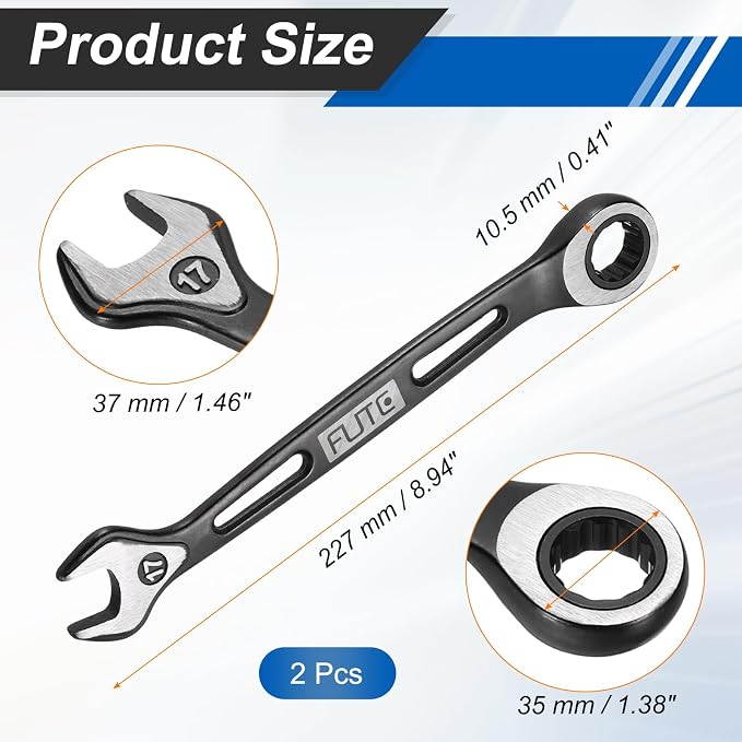 HARFINGTON 2Pcs Ratcheting Combination Wrench 17mm Stubby Wrench Metric High Carbon Steel Double 12-Point Box Open-Ended Ratchet Spanner Tool for Household Garage Workshop Auto Repairs, Black