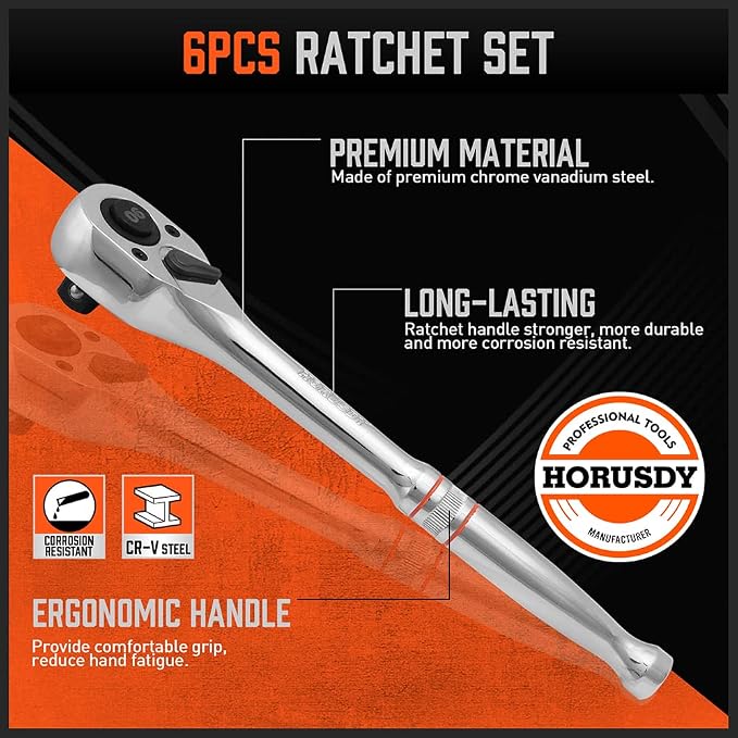 HORUSDY 3-Piece Ratchet Set, 1/4” 3/8”, 1/2" Drive Ratchet Handle Set, 90-Tooth,CR-V, Quick Release Ratchets